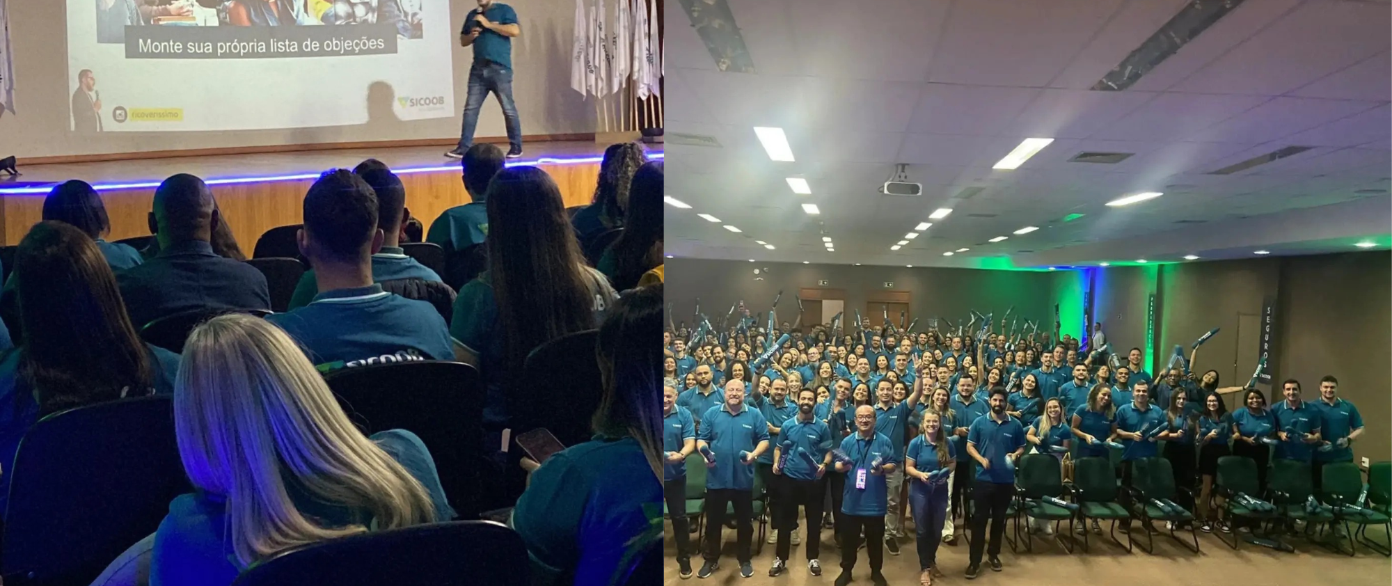 Ricardo Veríssimo em palestra e com participantes de evento do Sicoob